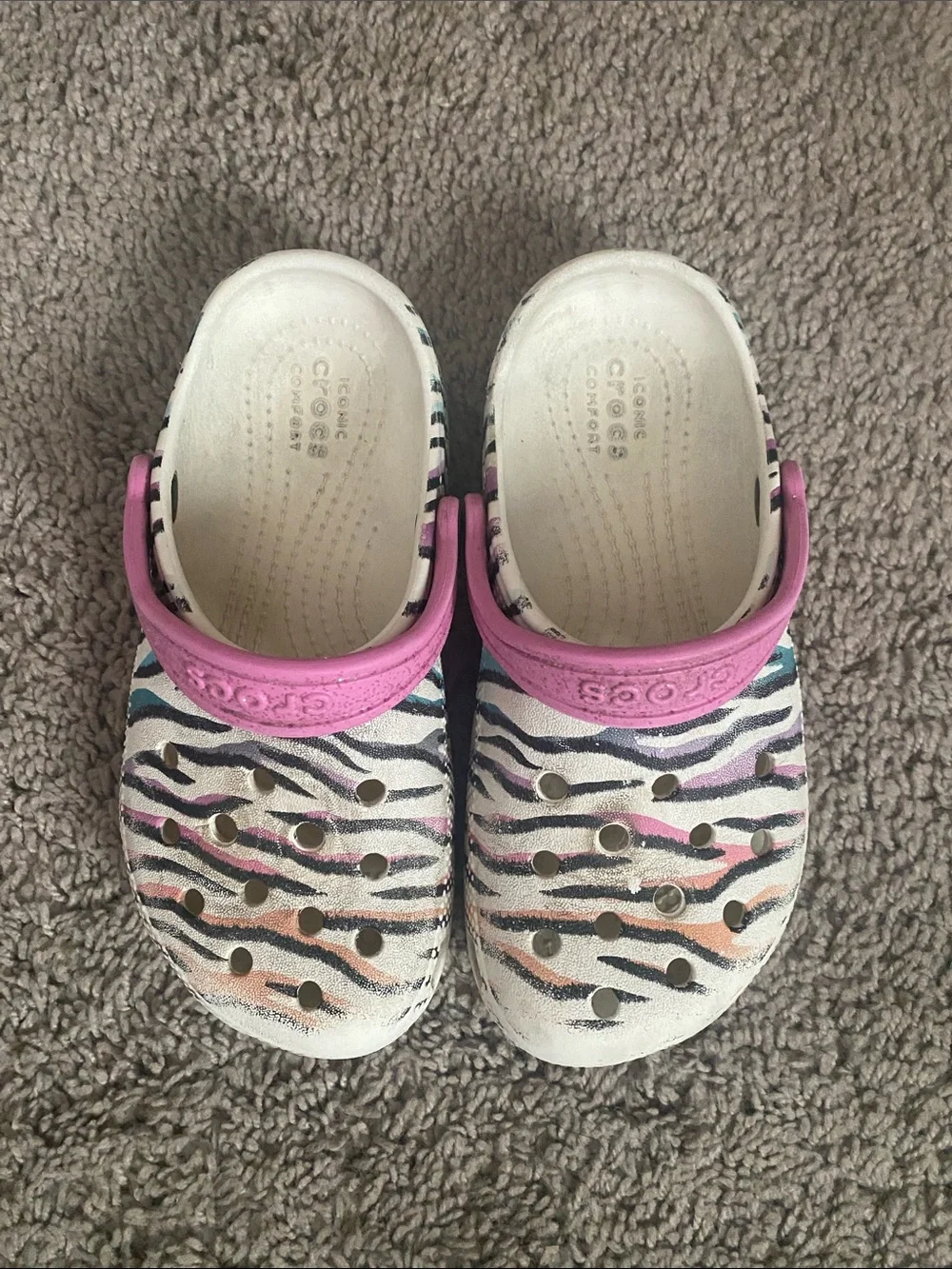 Classic CROCS Kids White Clog with Pink Strap and Multicolor Zebra Stripes